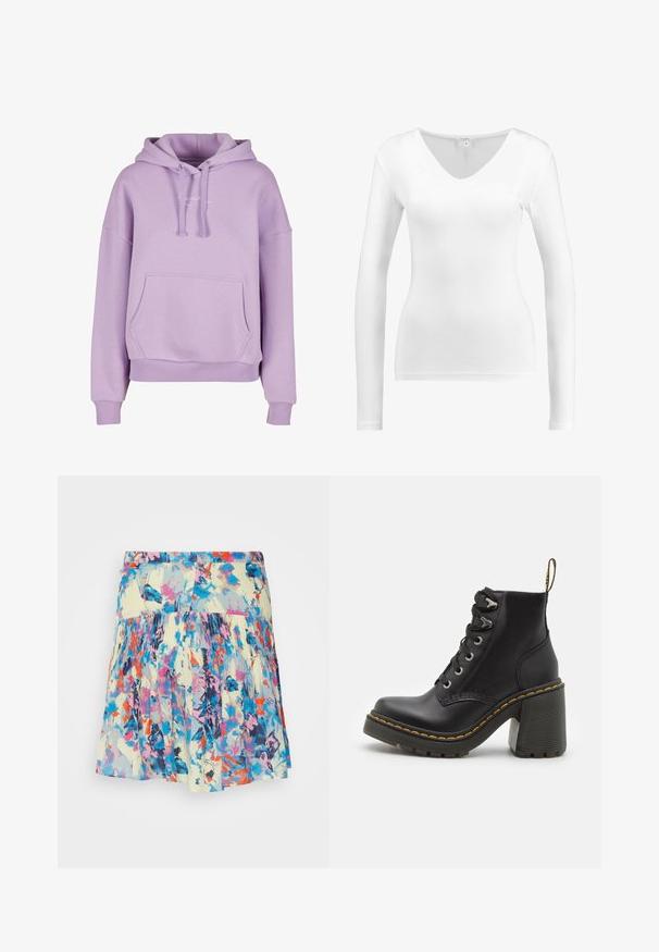 Lavendel hoodie lavet af blødt stof, med en kængurulomme, ribbede manchetter og en hætte med snøre og sølvøjer.; Hvid langærmet V-hals top lavet af glat, let stof; tætsiddende design uden yderligere mønstre eller hardware detaljer.; 2nd Day RITA BLISS - Mini skirts - multi-coloured; Sorte læder ankelstøvler med en kraftig høj hæl, snørebånd foran, metaløjer og gule sting langs sålen. Tekstureret gummisål.
