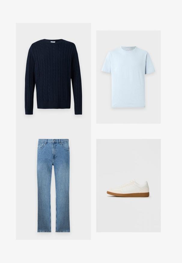 Marineblauer Strickpullover mit langen Ärmeln und Rundhalsausschnitt, mit vertikalem Zopfstrickmuster sowie gerippten Bündchen und Saum.; Hellblaues Baumwoll-T-Shirt mit kurzen Ärmeln und Rundhalsausschnitt sowie geradem Saum, auf hellem einfarbigem Hintergrund dargestellt.; Hellblaue Jeans aus Denim mit geradem Schnitt, fünf Taschen, einem Reißverschluss und kontrastierender Naht. Der Stoff hat eine glatte, strukturierte Oberfläche.; Weißer Sneaker mit einer Wildleder-Zehenkappe, glattem Synthetik-Obermaterial und einer sandfarbenen Gummisohle. Verfügt über Perforationen an den Seiten für Atmungsaktivität.