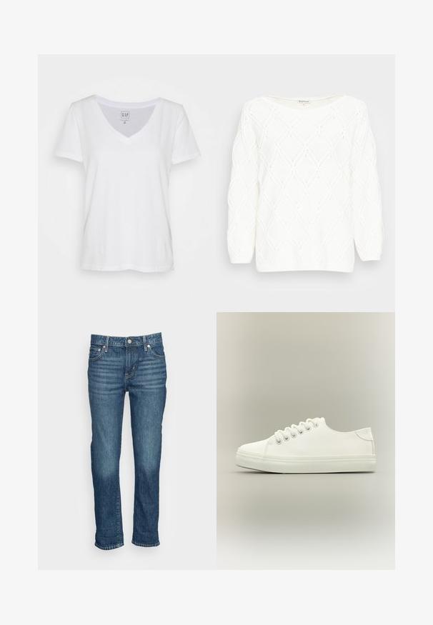 TOM TAILOR ARAN - Πουλόβερ - whisper white; Λευκό βαμβακερό T-shirt με V λαιμόκοψη και κοντά μανίκια, με χαλαρή εφαρμογή και ετικέτα κοντά στον λαιμό. Λείος υφασμάτινος τύπος, χωρίς σχέδια ή διακόσμηση.; GAP BOYFRIEND ALBA - Straight leg jeans - dark alba; Λευκό sneaker χαμηλού τύπου με λευκά κορδόνια και λαστιχένια σόλα, εμφανίζεται από πλάγια όψη σε ουδέτερο φόντο.