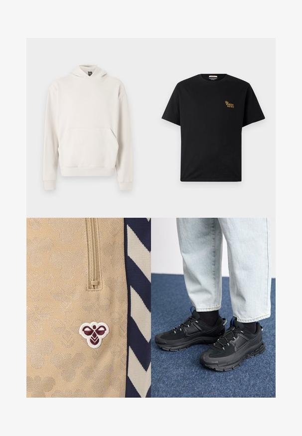 Oakley SOHO HOODIE - Sweat à capuche - mist; T-shirt noir en coton avec un col rond et des manches courtes. Présente le texte doré "Sportivo Nautico" sur la poitrine gauche. Design simple.; Tissu beige avec un logo d'abeille brodé en bordeaux et blanc, avec une fermeture éclair au-dessus et un motif chevron bleu marine et blanc sur le côté.; Des chaussures de sport noires avec un tissu texturé et des semelles en caoutchouc, dotées de lacets élastiques et d'un accent bleu au talon. Portées avec un pantalon en denim clair.
