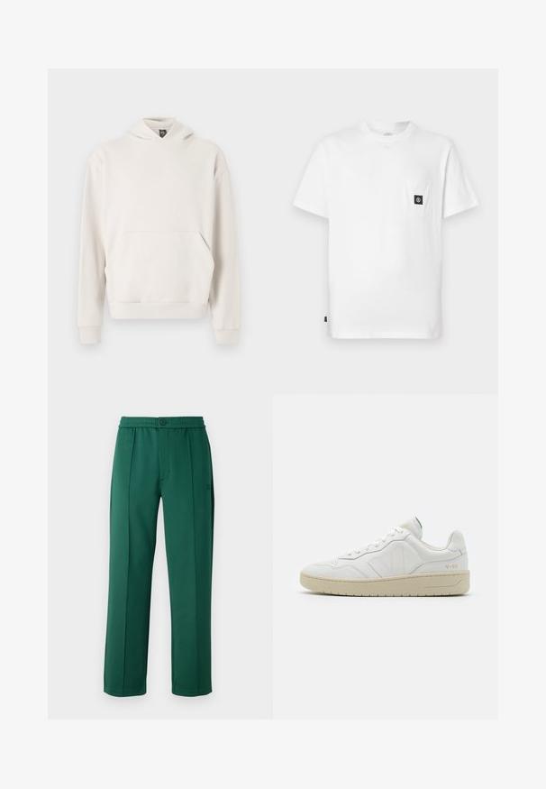 Oakley SOHO HOODIE - Jersey con capucha - mist; Camiseta blanca de algodón con cuello redondo, mangas cortas y un bolsillo en el pecho con un parche de logo negro. Textura suave, ajuste relajado.; Pantalones de poliéster verdes con un corte relajado, cintura elástica, pliegues frontales y un cierre con un solo botón. Textura suave y diseño de pierna recta.; Zapatillas blancas de cuero con un acabado texturizado y cuello acolchado. Cuentan con una suela de goma beige y un sutil logotipo en el talón y el lado.