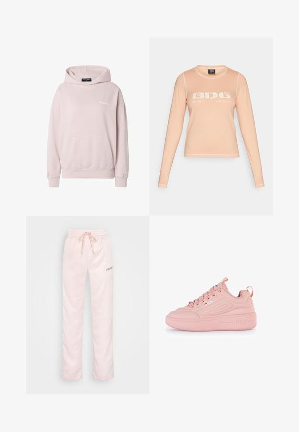 Lyserød oversized hættetrøje med front-kængurulomme, ribbede manchetter og kant, lille "Pegador" logo på brystet og indvendig etiket i kraven.; Langærmet ferskenfarvet t-shirt lavet af blødt stof, med en hvid grafisk tryk "BIDG EST. 1998 BUILT TO LAST" på forsiden og kontrastsyninger.; Lyserøde joggerbukser med elastisk talje, justerbar snor og sidelogo; glat stof og afslappet pasform.; Rosa sneaker med en glat syntetisk overdel, rund tådesign, teksturerede detaljer og en tyk platformsål. Indeholder snørebånd og logo detalje.