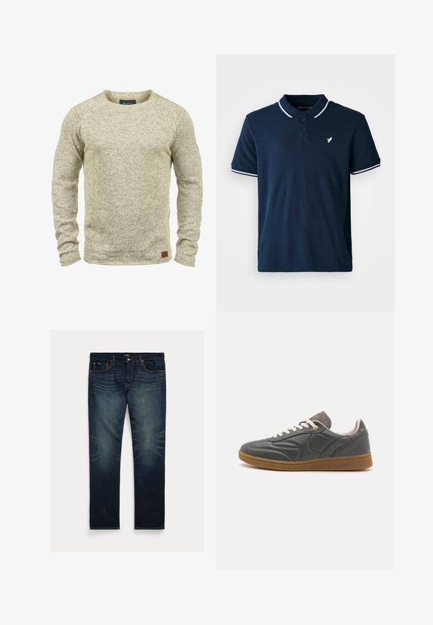 Lys beige strikket sweater med lange ærmer, rund halsudskæring og en tekstureret finish. Har et lille brunt lædermærke i kanten.; Mørkeblå polo-shirt i bomuld med klassisk krave, tre knapper og hvide striber på ærmerne. Har et lille hvidt logo.; Mørkeblå denimjeans med lige ben, subtil falmning nær knæene og orange syninger på lommer og sømme.; Mørkegrå lædersneakers med rund tå, hvide snørebånd, lysbrun gummisål og diskrete grå tekstildetaljer ved kraven. Guld logo detajle.