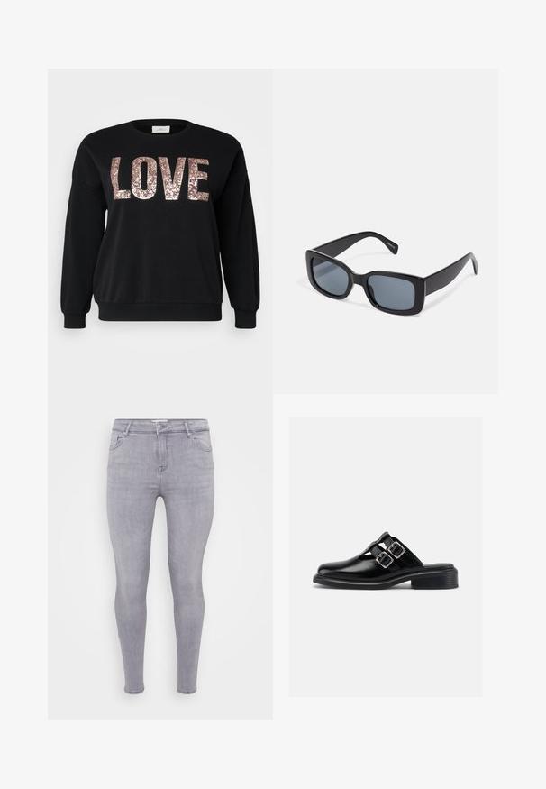 ONLY Carmakoma CARKATYA LOVE O NECK - Sweatshirt - black; Grå skinny jeans lavet af denim, med klassisk fem-lomme design, lynlås i front og en glat overflade med let stræk.; Sort læder slip-on sko med to sølvspænder, åbne sider, rund tå og lav stablet hæl, vist i profil på hvid baggrund.; Sorte rektangulære solbriller med mørkt tonede linser, tyk plastramme og brede stænger. Glat overflade og kantet design.