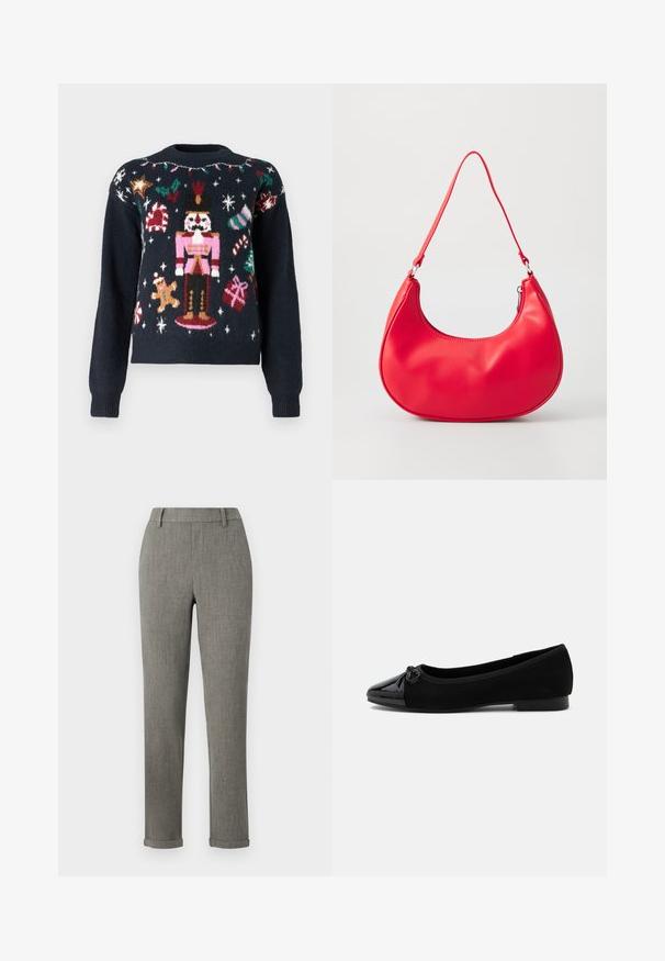 Suéter azul marino con diseños de punto festivos, que incluyen un cascanueces, un hombre de jengibre, bastones de caramelo y regalos con acentos multicolores.; Pantalones ajustados gris tailored con trabillas para cinturón y bajos remangados, adecuados para ropa formal o de oficina.; Bailarina negra con puntera de charol, pequeño lazo y tacón bajo sobre fondo blanco liso.; Bolso de hombro de piel sintética roja con forma curvada, correa delgada y cierre de cremallera. Textura suave con detalles de costura visibles.