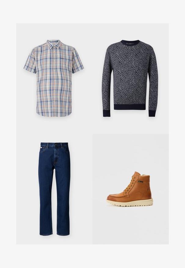 Navy-Pullover mit einem auffälligen Allover-Muster aus "Guess Los Angeles"-Text in kontrastierendem Dunkelblau, geripptem Halsausschnitt, Bündchen und Saum.; Kurzarmhemd aus Baumwollstoff mit einem karierten Muster in Blau, Orange und Gelb, mit Button-Down-Kragen und einer Brusttasche.; Dunkelblaue, gerade geschnittene Jeans aus Denim, mit klassischem Fünf-Taschen-Design, dezenter Nahtführung und vorderer Knopfverschluss.; Hellbrauner Lederknöchelstiefel mit abgerundetem Zehenbereich, beiger profilierten Sohle, goldfarbenen Ösen und seitlichem Logo. Mit einem weichen Material gefüttert. Schnürdesign.