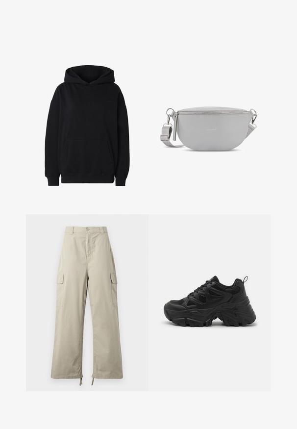 Sort pullover-hoodie med front-kængurulomme, ribstrikkede manchetter og kant samt hætte uden snore.; Lys beige cargo bukser med en afslappet pasform, der har knaplukning, sidelommer og justerbar kant med snore. Glat stoftekstur.; Sorte sportssko med en struktureret mesh-overdel, buet gummisåler og et fremtrædende dækmønster. Har integreret snøring og en pull tab.; Grå crossbody taske med en glat tekstur, rund form, sølvfarvet lynlås og justerbar rem med et subtilt logomønster.