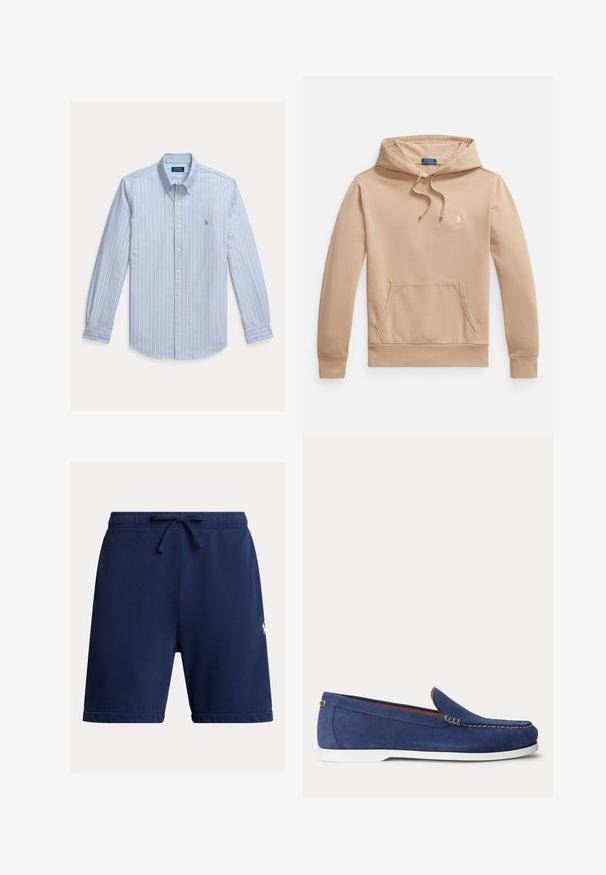 Beiger Hoodie aus weichem Baumwollmischgewebe, mit einer vorderen Kängurutasche, Kapuze mit Kordelzug und kleinem gesticktem Logo auf der Brust.; Hellblaues Langarm-Hemd mit weißen vertikalen Streifen und einem kleinen gestickten Polo Ralph Lauren Logo auf der Brust.; Navyblaue Sportshorts aus weichem Stoff, mit elastischem Bund und Kordelzug sowie umgeschlagenem Saum. Kleines Logo-Detail an der Seite.; Blauer Wildleder-Slipper mit weißer Sohle und beiger Naht am oberen Rand, dargestellt vor einem schlichten weißen Hintergrund.