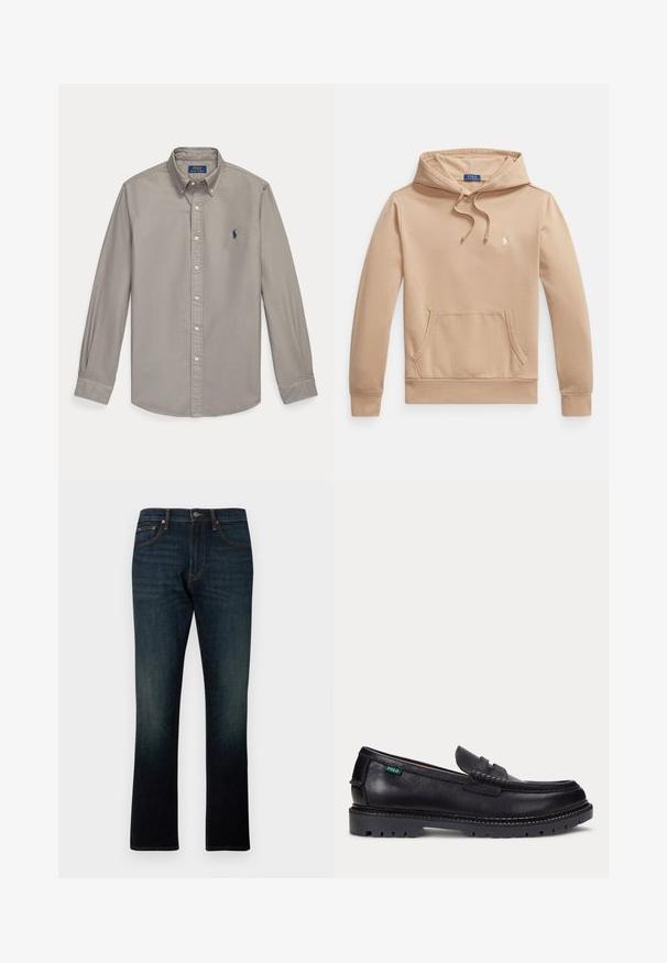 Beige hoodie gemaakt van een zachte katoenmix, met een voorvak, capuchon met trekkoord en een klein geborduurd logo op de borst.; Lichtgrijs overhemd met lange mouwen, knopen, kraag en blauw Polo Ralph Lauren geborduurd logo op de linkerborst.; Donkerblauwe rechte denim jeans met vijf zakken en oranje stiksels, plat weergegeven op een witte achtergrond.; Zwarte leren loafer met dikke geprofileerde zool en klein groen "Polo" label aan de buitenkant bij de hiel.