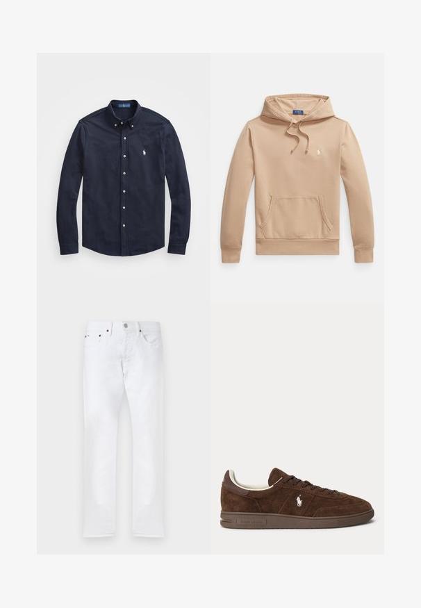 Sudadera beige hecha de una suave mezcla de algodón, con bolsillo tipo canguro frontal, capucha con cordón y pequeño logo bordado en el pecho.; Camisa de manga larga color navy, con botones en la parte frontal y un pequeño logo blanco en el lado izquierdo del pecho, confeccionada en suave tela de algodón.; Pantalones vaqueros blancos ajustados con cinco bolsillos, cierre de botón y trabillas para cinturón, mostrados planos sobre un fondo blanco.; Zapatilla baja de ante marrón con suela marrón oscuro, cordones y logo Polo bordado en blanco en el lateral.