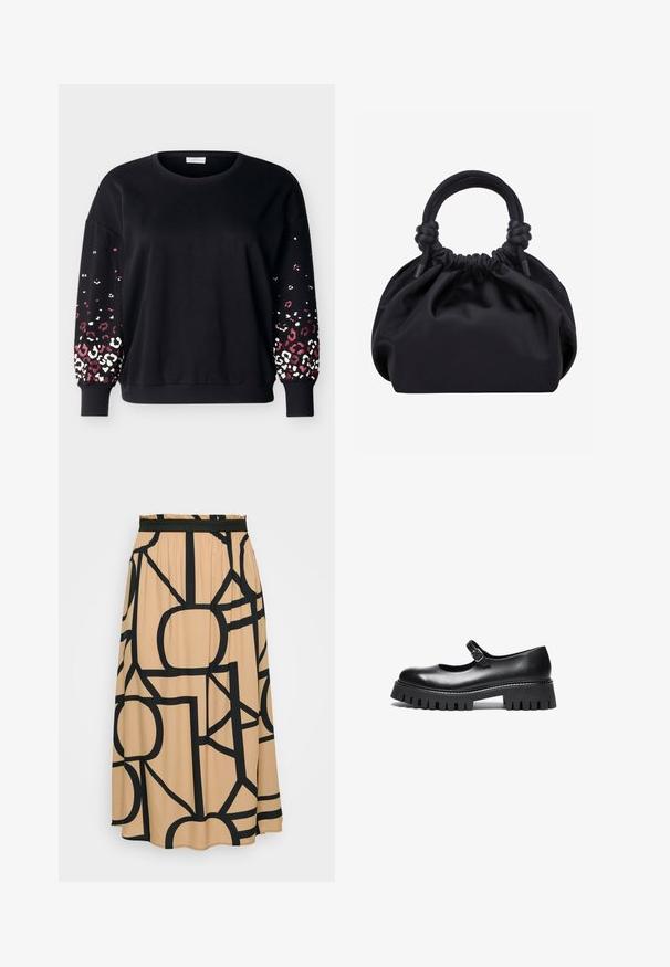 Sort langærmet sweatshirt med rund hals og ribbede manchetter, med lyserødt og hvidt leopardmønster på de nederste ærmer.; En lang beige nederdel med et sort geometrisk mønster. Funktioner et elastisk taljebånd og en glat stoftekstur. Rundet søm i bunden.; Sorte læder Mary Jane-style sko med rund tå, ankelrem og chunky gummisål med ribbet detaljering.; Sort blød stofhåndtaske med samlet top og cirkulære polstrede håndtag bundet med knuder på hver side.
