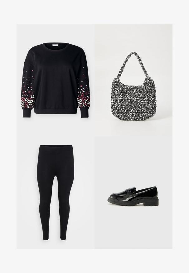 Sudadera negra de manga larga con cuello redondo y puños acanalados, con estampado de leopardo rosa y blanco en la parte inferior de las mangas.; Leggings negros con una textura suave, cintura alta y una forma ajustada. Presentan detalles sutiles en los laterales a lo largo de las costuras.; Mocasines de charol negro con suela gruesa de goma negra, que presentan un empeine cosido y una superficie suave y brillante.; Bolso de mano tejido en blanco y negro con forma redondeada, superficie texturizada y asa trenzada. Adecuado para uso casual.