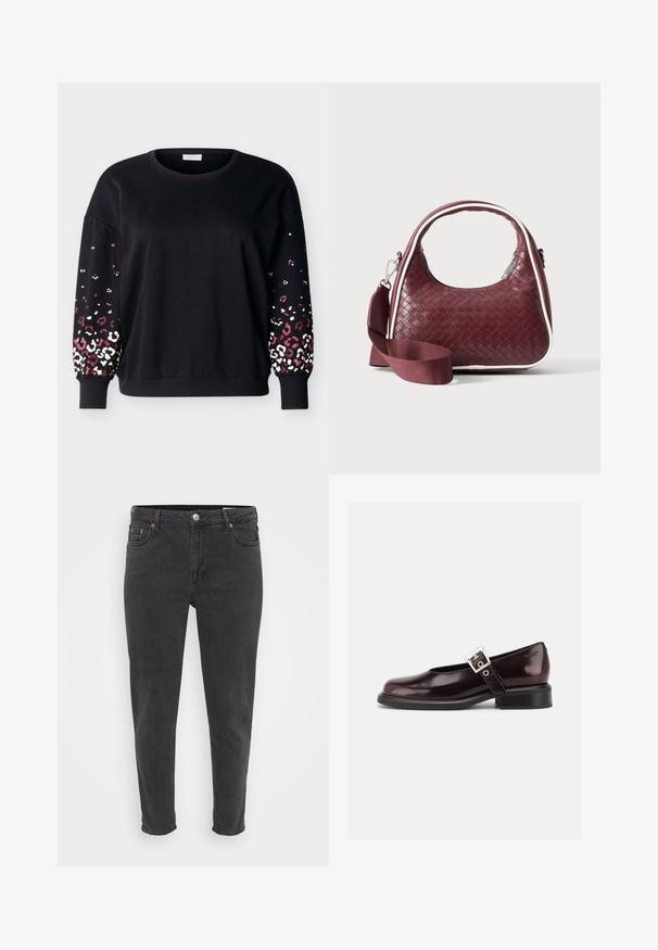 Sort langærmet sweatshirt med rund hals og ribbede manchetter, med lyserødt og hvidt leopardmønster på de nederste ærmer.; Slanke sorte denim jeans med frontknap og lynlås, bæltestropper og fem lommer, vist på en ensfarvet lys baggrund.; En enkelt blank mørk burgunder Mary Jane sko med bred rem og sølvspænde, lav blokhæle og rundet tå på hvid baggrund.; Mørkerød vævet lædertaske med buet hank, hvid kant, sølv lynlås og aftagelig bred stofskulderrem mod en ensfarvet baggrund.