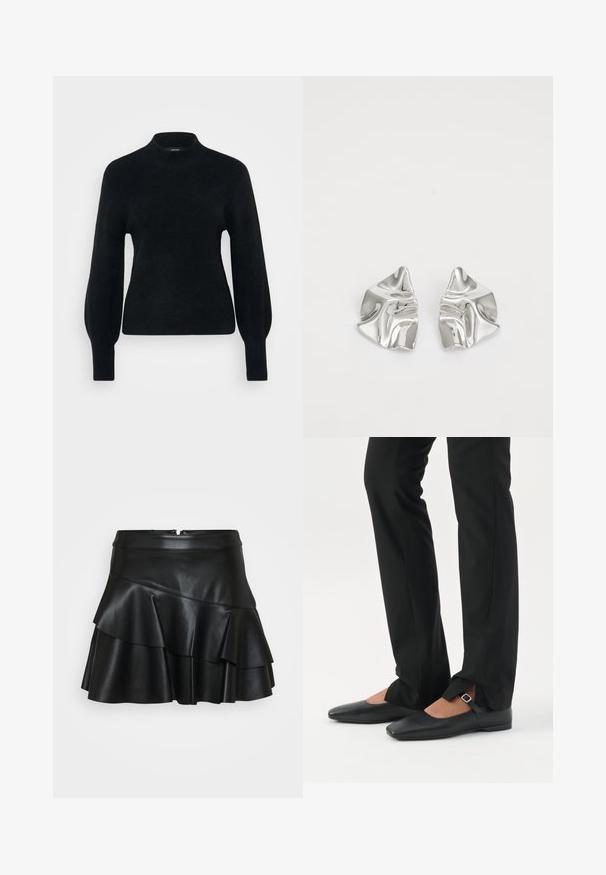 Vero Moda Petite VMPIPPA HIGHNECK - Trui - black; Zwarte leren mini-rok met een aansluitende tailleband en drie lagen volants, voorzien van een gladde textuur en een verborgen rits aan de achterkant.; Benen met zwarte smalle broek met voorsplitten aan de zoom, gecombineerd met zwarte platte Mary Jane-schoenen met een klein gespje.; Zilveren metalen oorbellen met een golvend, sculpturaal ontwerp, voorzien van een gepolijste afwerking en onregelmatige vormen, die een hedendaagse esthetiek benadrukken.