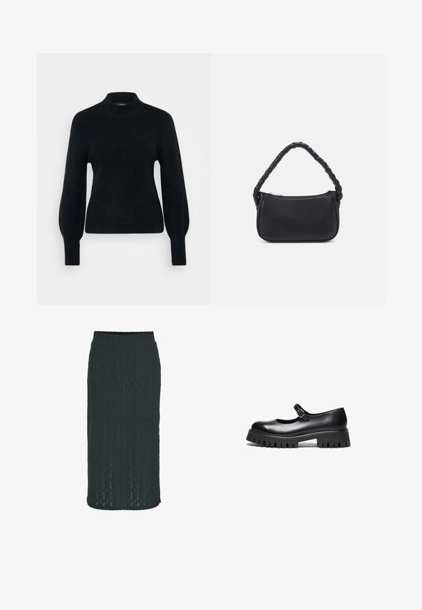 Vero Moda Petite VMPIPPA HIGHNECK - Striktrøje - black; Knælængde blyantskirt i mørkegrøn, lavet af struktureret strikstof med et geometrisk mønster og elastisk talje for komfort.; Sorte læder Mary Jane-style sko med rund tå, ankelrem og chunky gummisål med ribbet detaljering.; Sort håndtaske med en rund form, lavet af glat materiale. Har et flet håndtag og en lynlåslukning for sikker opbevaring.