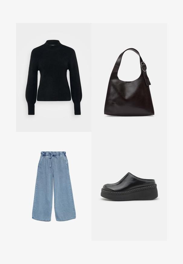 Vero Moda Petite VMPIPPA HIGHNECK - Svetrík - black; Svetlo modré džínsové široké nohavice s elastickým pásom a sťahovacou šnúrkou, s bočnými vreckami.; Čierne lesklé platformové dreváky s zaoblenou špičkou, zakriveným vrchom a kontrastným bielym prešívaním pozdĺž okraja podrážky.; Hnedá kožená taška cez rameno s hladkým povrchom, zaobleným tvarom, širokým popruhom a kruhovým kovovým akcentom na rúčke.