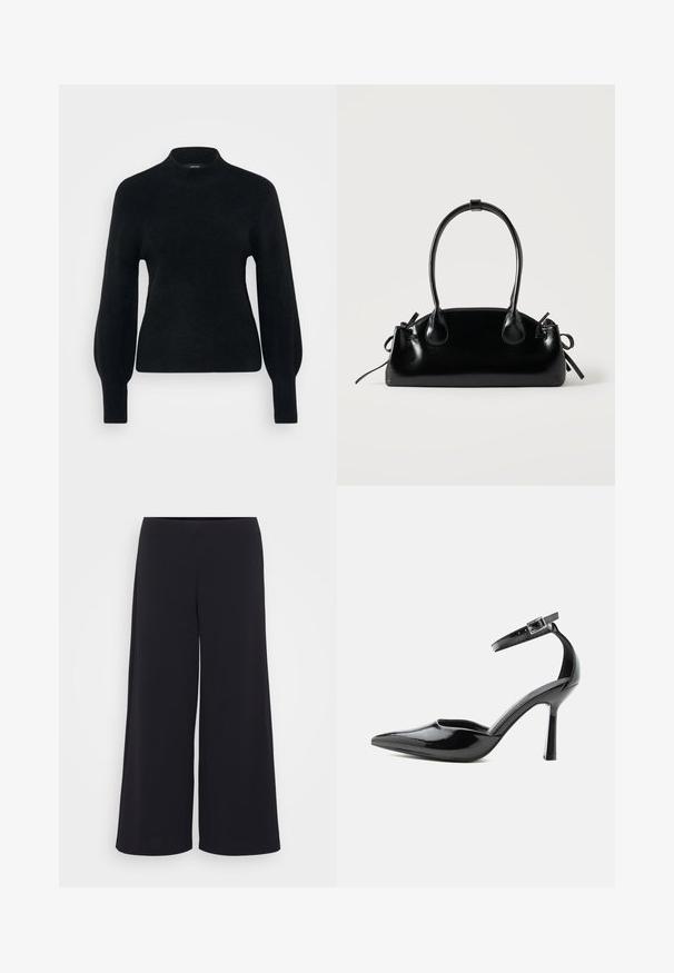 Vero Moda Petite VMPIPPA HIGHNECK - Strickpullover - black; Schwarze weit geschnittene Hosen aus glattem Stoff, mit hohem Taillenbund und fließender Silhouette, in einem klaren, unverzierten Design.; Schwarzer Lackleder-Pumps mit spitzer Zehenpartie, Knöchelriemen und silberner Schnalle, Stilettoabsatz, Seitenansicht auf einfarbigem Hintergrund.; Kleine schwarze glänzende Handtasche mit zwei langen Griffen und seitlichen Kordelzug-Details vor einfachem hellem Hintergrund.