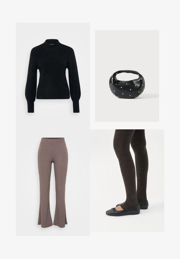 Vero Moda Petite VMPIPPA HIGHNECK - Pullover - black; Pantalons évasés côtelés marron avec une taille haute extensible et une texture douce, présentant un motif vertical subtil sur l'ensemble.; Jambes portant des leggings côtelés foncés associés à des ballerines noires avec de petits détails en nœud sur fond blanc.; Sac à main en cuir noir de forme arrondie, décoré de clous argentés et équipé d'une poignée courte. Texture lisse et fermeture éclair.