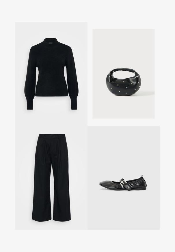 Vero Moda Petite VMPIPPA HIGHNECK - Jersey de punto - black; Pantalones de pierna ancha negros, hechos de un tejido suave, con un frente plano, pliegues visibles y una cinturilla con argollas para un cinturón.; Zapato plano de piel negra con puntera afilada, detalle fruncido alrededor de la abertura y un acento de hebilla plateada en la correa ajustable.; Bolso de mano de cuero negro con forma redondeada, decorado con detalles de tachuelas plateadas y un asa corta. Textura lisa y cierre con cremallera.