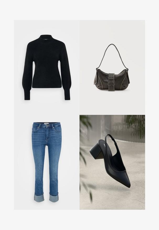 Vero Moda Petite VMPIPPA HIGHNECK - Svetrík - black; Modré džínsy s prednými vreckami, zapínaním na gombík a vyhrnutými manžetami na svetlom pozadí.; Čierne kožené sandále na podpätku so špicatou špičkou a blokovým podpätkom. Hladká textura, minimalistický dizajn a nastaviteľný remienok okolo členka.; Čierna kožená kabelka cez rameno s detailom prackového popruhu, zaoblenými okrajmi a kontrastným bielym prešívaním na jednoduchom pozadí.