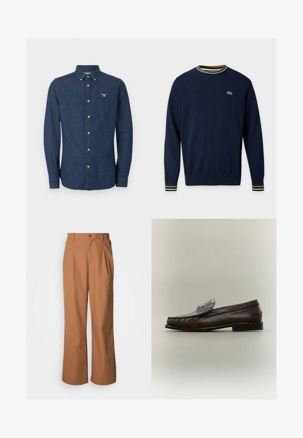 Pull bleu marine à manches longues avec col et poignets côtelés rayés blanc et jaune, petit logo crocodile vert sur la poitrine.; Chemise en denim bleu foncé à manches longues avec fermeture à boutons, col boutonné et logo Barbour blanc sur la poitrine gauche.; Pantalon à jambes larges en tissu marron chaud, avec fermeture à boutons sur le devant, plis subtils et coupe droite pour une tenue décontractée.; Mocassin en cuir marron foncé avec un petit talon noir, coutures mocassin et une bride décorative sur le dessus.