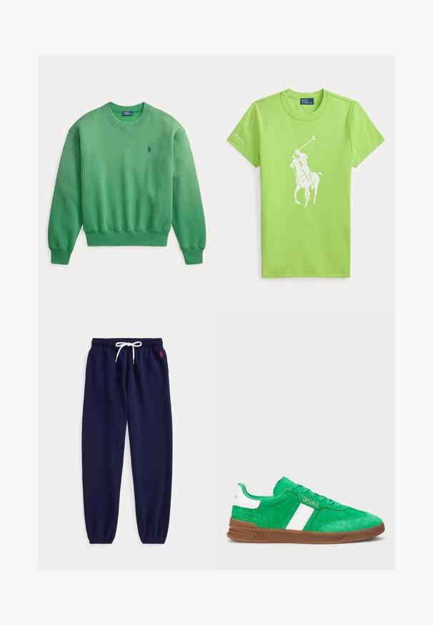 Groene sweater met ronde hals, geribde manchetten en zoom, klein marineblauw geborduurd Polo Ralph Lauren-logo op de borst.; Lichtgroen T-shirt met korte mouwen met een witte polo-speler te paard afbeelding in het midden en "Polo" tekst op de linkermouw.; Marineblauwe joggerbroek met witte aantrekkoord in de taille en elastische boorden, met een klein rood logo geborduurd vlak bij de linker zak.; Groene suède sneakers met een witte horizontale streep, een bruine rubberen zool en tonale veters. Merken op de zijkant en achterkant.