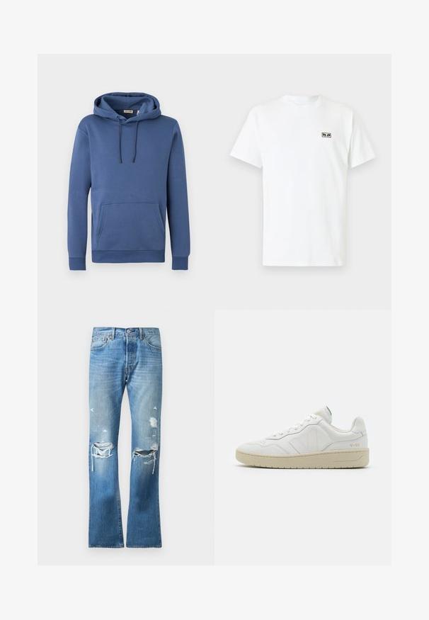 Blauwe katoenen hoodie met een capuchon met trekkoord, een grote voorzak en geribbelde boorden. Soepele textuur met een eenvoudig, effen kleurenontwerp.; Witte katoenen t-shirt met korte mouwen, ronde hals, en een kleine zwarte en olijfgroene logo-print op de linkerkant van de borst.; Blauwe straight-leg spijkerbroek met een vervaagde wasbehandeling en meerdere versleten scheuren op beide knieën en de bovenbenen.; Witte leren sneakers met een gestructureerde afwerking en een gevoerde kraag. Voorzien van een beige rubberen zool en subtiele branding op de hiel en zijkant.