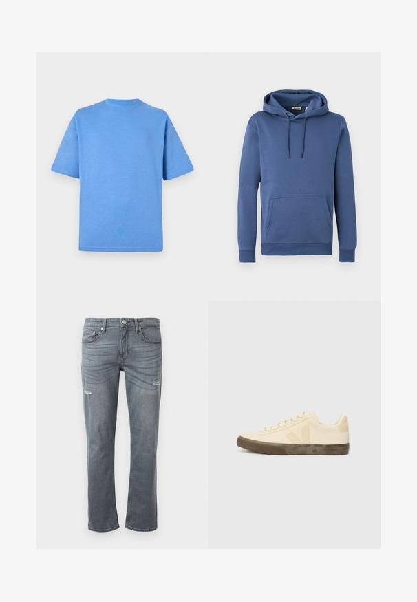 Sudadera con capucha azul de algodón con capucha ajustable, bolsillo canguro frontal y puños acanalados. Textura suave con un diseño sencillo y de color sólido.; Camiseta de algodón azul con mangas cortas, cuello redondo y diseño de un solo color. Textura suave y corte relajado.; Vaqueros de mezclilla gris con un diseño de pierna recta, con un ligero desgaste en las rodillas y un estilo tradicional de cinco bolsillos. Cierre de botón en la cintura.; Zapatilla de lona beige con puntera redonda, cordones planos y suela de goma marrón texturizada. Presenta un logo en el lateral y un diseño minimalista.