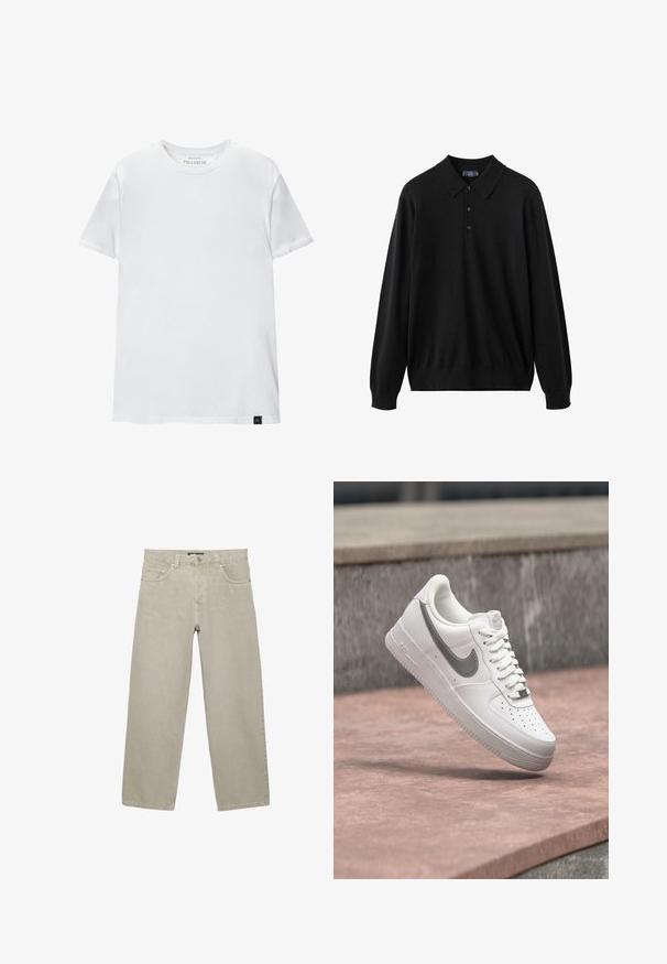 Sort langærmet polo skjorte lavet af blødt stof, med krave, tre-knaps stolpe og ribstrikkede manchetter og kant.; Hvid muskeltilpasset t-shirt lavet af bomuld. Rund hals, korte ærmer, glat tekstur. Lille sort logo-tag nederst. Enkelt design.; Beige jeans med lige ben, fem lommer, bæltestropper samt knap- og lynlåslukning, vist på en hvid baggrund.; Hvid Nike Air Force 1 sneaker med gråt swoosh-logo svævende over en stensurface og en grå stenvæg i baggrunden.