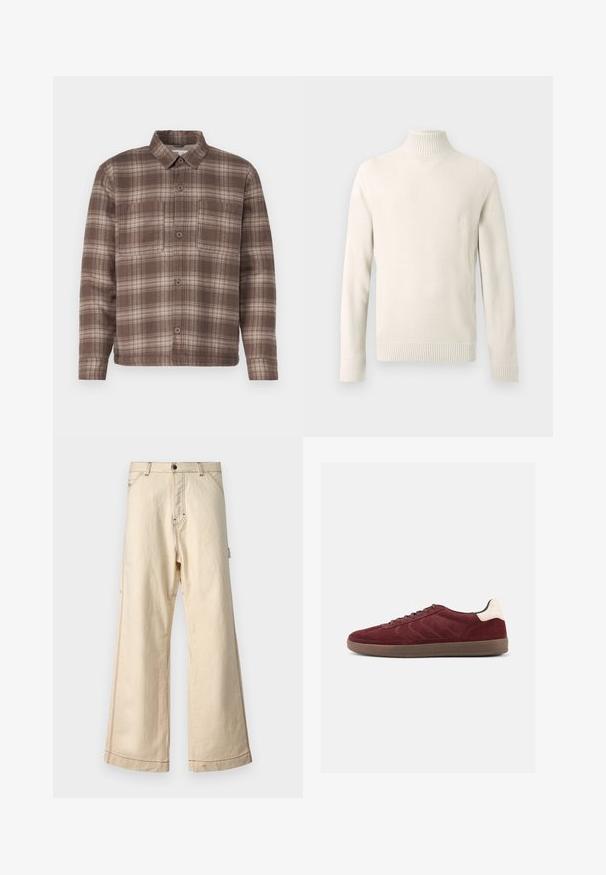 Cremefarbener, gestrickter Rollkragenpullover mit langen Ärmeln sowie gerippten Bündchen und Saum, auf einem weißen Hintergrund gezeigt.; Braun karierte Hemd mit spitzem Kragen, zwei Brusttaschen und Knopfschluss, aus einem weichen, strukturierten Stoff gefertigt.; Beige weit geschnittene Hose aus Baumwolle mit einem Reißverschluss und Knopfverschluss, mit kontrastierenden Nähten und Seitentaschen.; Bordeauxrote Veloursledersneaker mit Schnürung vorne, strukturierten seitlichen Details und hellfarbigem Fersenakzent. Gummisohle mit glatter Oberfläche.