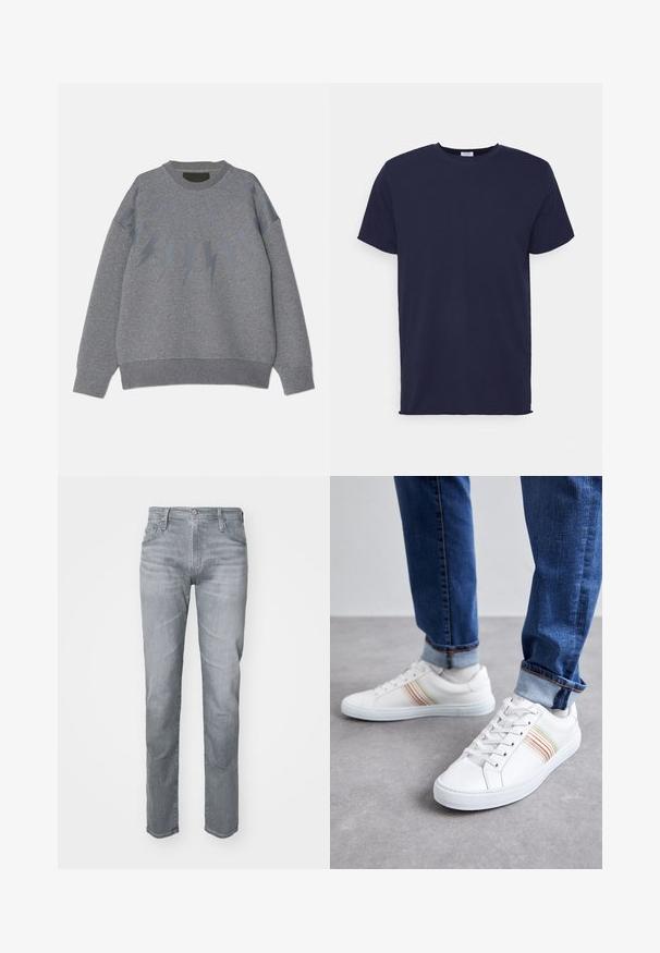 Hallhalli sweatshirt ümmarguse kaelusega, millel on rinnaosas tumedamas toonis välgu muster. Pehme kangas, mugav lõige.; Tumedat sinine lühikeste varrukatega t-särk, mis on valmistatud pehmest kangast. Omab ümarat kaelust ja sirget lõiget, ilma mustrite või aktsentideta.; Hallide denimi teksad, millel on sirge lõige, viie taskuga disain, vöökohad ja esine nupuga sulgur. Õrn tuhmumine tekstuuri jaoks.; Valged nahast spordijalatsid mitmevärviliste triipudega, nööriga disain, kummist talla ja pehmendusega krae, kombineeritud siniste teksadega.