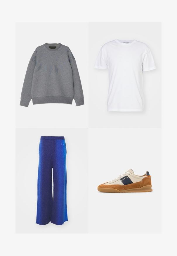 Hallhalli sweatshirt ümmarguse kaelusega, millel on rinnaosas tumedamas toonis välgu muster. Pehme kangas, mugav lõige.; Valge puuvillane T-särk ümarate kaelustega, lühikeste varrukatega ja sirge lõikega. Ilma mustrite või kaunistusteta, sile tekstuur ja lihtne disain.; Laiad püksid gradient sinistes toonides, millel on tekstureeritud kangas, elastne vöökoht ja küljetaskud. Õrn puuvillane tikand vöö kohal.; PS Paul Smith DOVER - Tossud - cognac/off-white