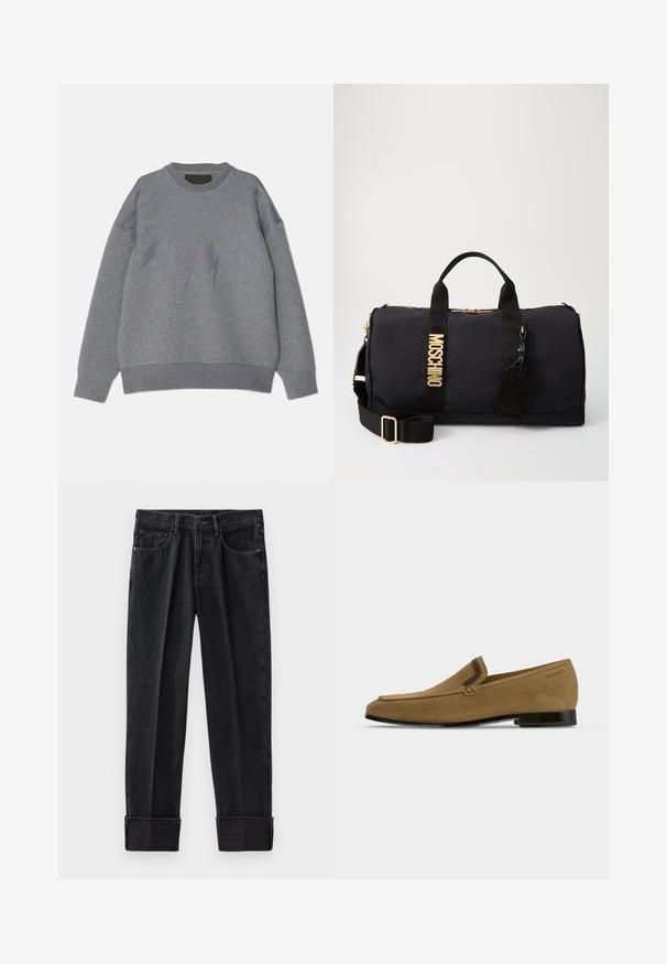 Grijze sweatshirt met een ronde halslijn, voorzien van een bliksemflits patroon in een iets donkere tint over de borst. Zachte stof, ontspannen pasvorm.; Zwarte denim jeans met een relaxte pasvorm, voorzien van opgerolde broekspijpen en ingedrukte branding op de zoom. Klassiek vijfzakdesign met contrasterende stiksels.; Lichtbruine suède herensloffer met donkere gevlochten rand, platte zwarte zool en lage hak, zijaanzicht op witte achtergrond.; Zwarte nylon sporttas met gouden hardware, voorzien van dubbele handgrepen, een verstelbare schouderband en een gestikt logo-embleem. Gestructureerd oppervlak.