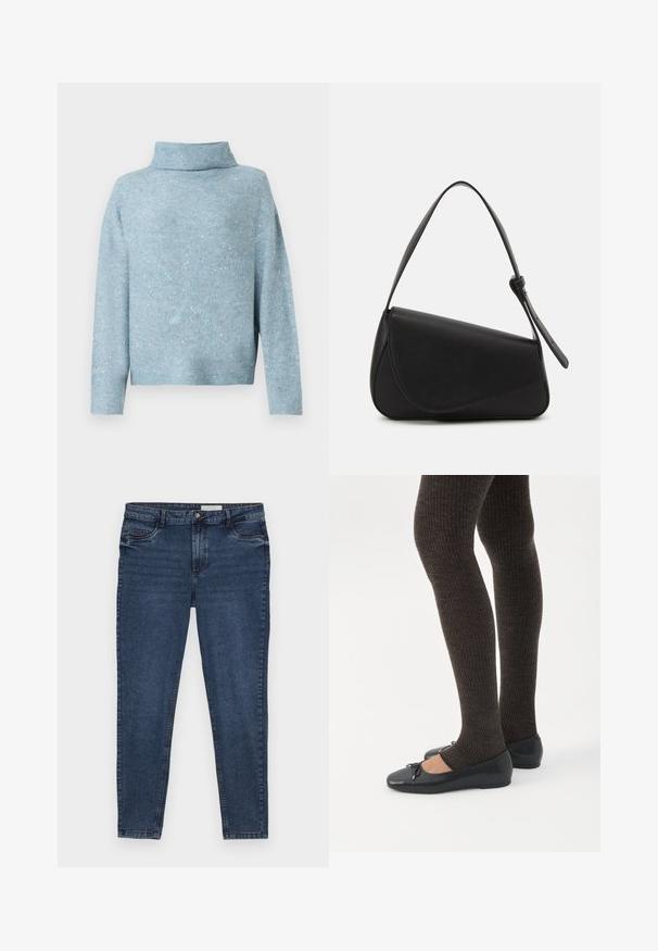 Jersey azul claro con un cuello alto, mangas largas y una textura suave. Presenta acentos de purpurina plateada dispersos por toda la prenda.; Jeans de mezclilla azul oscuro con un corte ajustado, diseño de cinco bolsillos y costuras doradas. Presenta un cierre de cremallera y botón. Textura suave.; Piernas con leggings oscuros acanalados combinados con bailarinas negras que presentan pequeños detalles de lazo sobre un fondo blanco.; Bolso de mano de cuero negro con forma triangular, tapa en ángulo y un asa superior redondeada. Presenta una textura suave y detalles de diseño minimalistas.