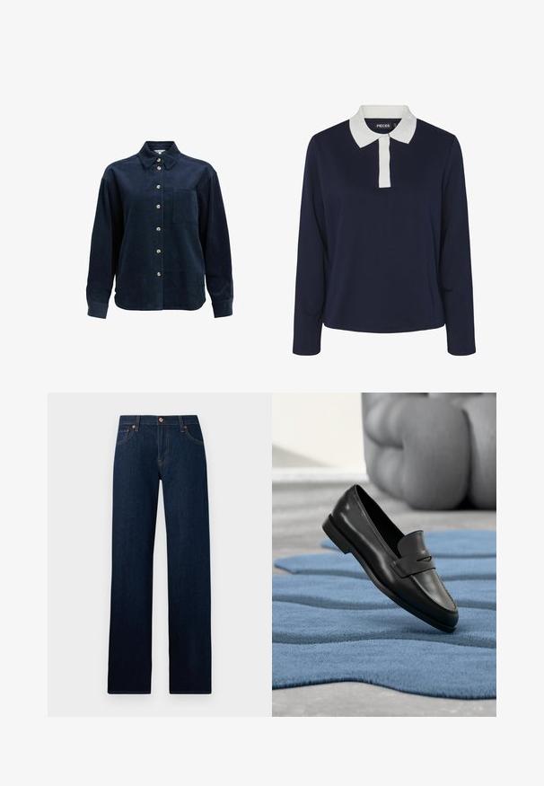 Polo shirt à manches longues bleu marine avec un col et une patte de boutonnage blancs en contraste, fabriqué à partir d'un tissu lisse et texturé.; Chemise en velours côtelé bleu foncé à manches longues, avec boutonnière à l'avant, poche poitrine unique, col évasé et boutons beiges.; Jean droit bleu foncé en denim avec cinq poches, fermeture par bouton et surpiqûres jaunes visibles sur les coutures et les passants de ceinture.; Mocassin en cuir noir posé sur un tapis bleu texturé avec un fauteuil gris capitonné en arrière-plan.