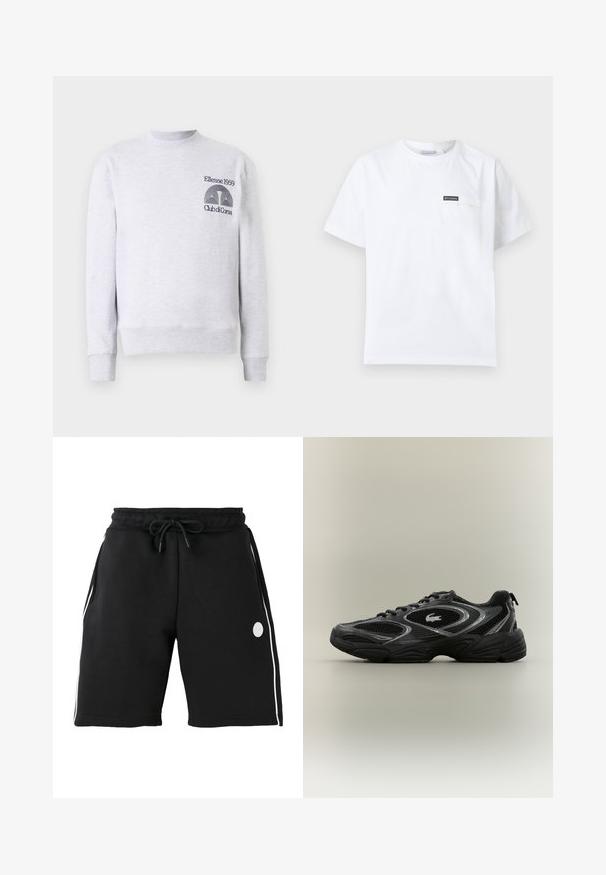 Lys grå sweatshirt i bomuldsblanding, med rund halsudskæring, ribbede mansjetter og kant, samt broderet logo 'Ellesse 1959 Club di Corsa' på brystet.; Hvid T-shirt med korte ærmer og rund halsudskæring samt en lille brystlomme med et sort Columbia-logo påsat.; Sorte knælange shorts med elastisk linning og snøre, hvide verticale sidestriber og lille rundt logo på venstre lår.; Sort og grå atletisk sneaker med mesh-paneler, snørebåndsdesign, tyk sål og et lille krokodillelogo på siden.