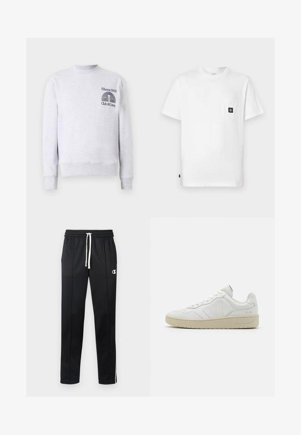 Lys grå sweatshirt i bomuldsblanding, med rund halsudskæring, ribbede mansjetter og kant, samt broderet logo 'Ellesse 1959 Club di Corsa' på brystet.; Hvid bomulds T-shirt med rund halsudskæring, korte ærmer og en brystlomme med en sort logopatch. Glat tekstur, løs pasform.; Sorte atletiske bukser med hvid snor, sidelister, frontlommer og et lille hvidt Champion-logo på venstre lår.; Hvide lædersneakers med struktureret overflade og polstret krave. Har en beige gummisål og diskret branding på hælen og siden.