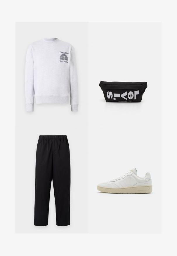 Hellgrauer Sweatshirt aus Baumwollmischung, mit Rundhalsausschnitt, gerippten Bündchen und Saum, sowie gesticktem Logo 'Ellesse 1959 Club di Corsa' auf der Brust.; Schwarze, weit geschnittene Hose mit einem elastischen Bund und einem einzelnen Knopf. Aus einem glatten, leichten Stoff gefertigt. Gerader Saum.; Weiße Leder-Sneaker mit strukturierter Oberfläche und gepolstertem Kragen. Sie verfügen über eine beigen Gummisohle und dezente Markenkennzeichnung an der Ferse und an der Seite.; Schwarze Stofftasche mit flacher Form, mit fettgedrucktem weißen Text. Der Reißverschluss befindet sich oben, mit einer Schlaufe an einer Seite.