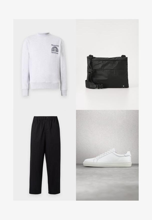 Lys grå sweatshirt i bomuldsblanding, med rund halsudskæring, ribbede mansjetter og kant, samt broderet logo 'Ellesse 1959 Club di Corsa' på brystet.; Sorte, vide ben bukser med elastisk talje og en enkelt knap. Lavet af et glat, letvægtsstof. Lige kant.; Hvide sneakers med en glat læderoverdel og lav profil. Har en rund tå, seks snørehuller og en tekstureret gummisål.; Sort nylon messenger-taske med justerbar rem, fladt design og et sideetiket med et logo. Glat tekstur og minimalistisk stil.