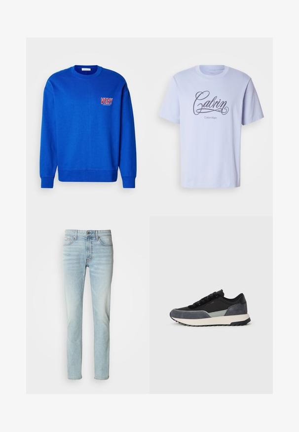 Blaues Sweatshirt mit Rundhalsausschnitt, langen Ärmeln und gerippten Bündchen. Auf der linken Brust mit "VERY" in Rot und Weiß gestickt. Weicher Stoff.; Helles blaues Baumwoll-T-Shirt mit kurzen Ärmeln, das ein geschwungenes schwarzes "Calvin"-Logo und den Text "Calvin Klein" darunter zeigt.; Helle blaue Jeans aus Denim, mit geradem Beinschnitt, mittelhoher Taille und dezentem Verblassen. Enthält fünf Taschen und einen Metallknopf.; Schnürsenkel-Sneaker aus einer Mischung von schwarzem Stoff, grauen Wildlederakzenten und einer klobigen weißen Zwischensohle mit schwarzem Gummiprofil.