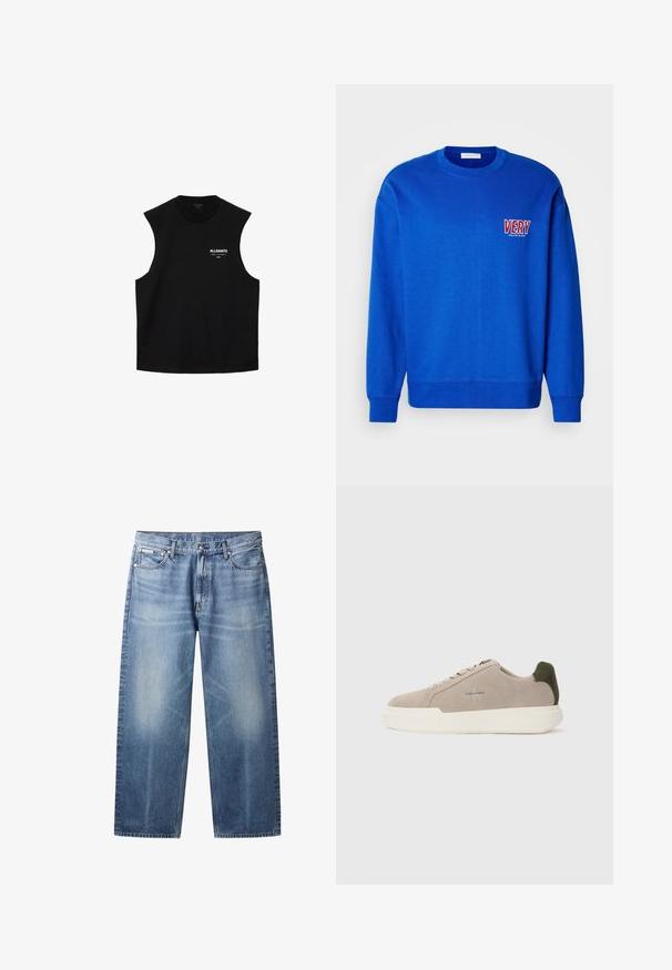 Blaues Sweatshirt mit Rundhalsausschnitt, langen Ärmeln und gerippten Bündchen. Auf der linken Brust mit "VERY" in Rot und Weiß gestickt. Weicher Stoff.; Schwarzes, ärmelloses Top mit Rundhalsausschnitt und "ALLSAINTS"-Logo sowie kleinem weißen Text auf der linken Brust.; Hellblaue Jeans mit geradem Bein, ausgewaschenen Bereichen, fünf Taschen, Knopfverschluss und Calvin Klein-Label an der rechten Vordertasche.; Beige Wildledersneaker mit einer weißen Gummisohle, die einen dunkelgrünen Akzent an der Ferse und dezente Markenaufschrift an der Seite aufweisen.