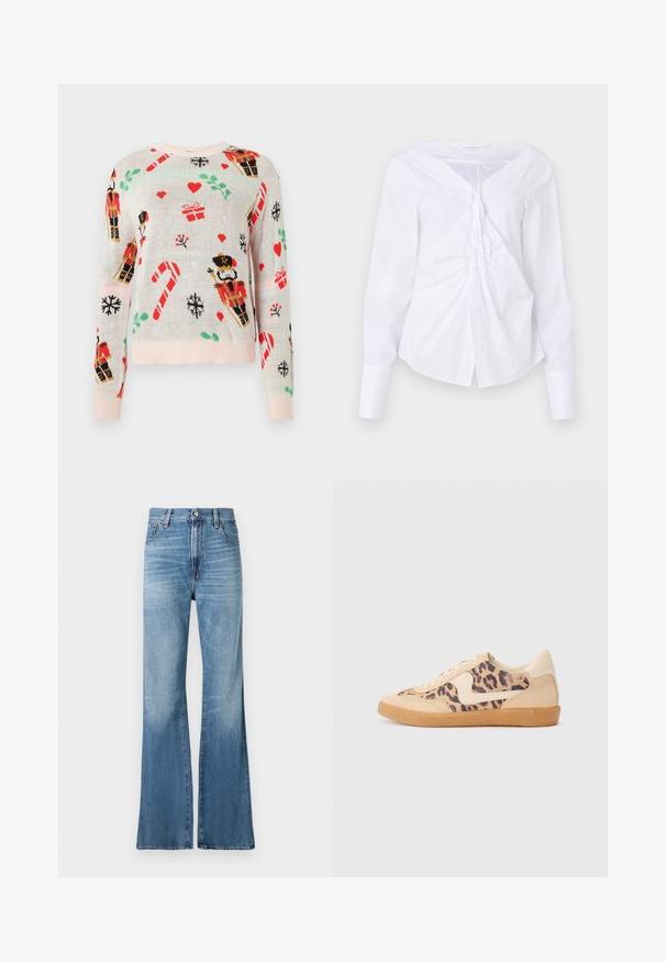 Helle beigefarbene Pullover mit Weihnachtsmotiven, darunter Nussknacker, Geschenke, Zuckerstangen und Herzen. Gerippter rosa Ausschnitt und Bündchen.; Good American Bluse - white; Replay BECKA PANTS - Jeans Relaxed Fit - medium blue; Löwenmuster-Sneaker mit beige Wildleder-Obermaterial, tanfarbener Gummisohle und weißen Akzenten. Runde Zehenform und Schnürdesign mit strukturiertem Finish.