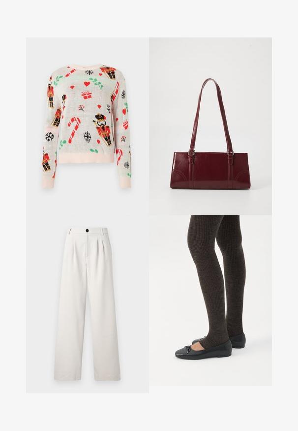 Pull léger beige mettant en avant des motifs de Noël, incluant des soldats de bois, des cadeaux, des cannes en sucre et des cœurs. Col et poignets côtelés de couleur rose.; Pantalons beige à jambes larges en tissu lisse, avec des plis avant, une fermeture à bouton unique et des poches latérales pour plus de praticité.; Jambes portant des leggings côtelés foncés associés à des ballerines noires avec de petits détails en nœud sur fond blanc.; Sac à main bordeaux en matériau brillant, de forme rectangulaire, avec deux anses et des accents légèrement courbés à l'avant.