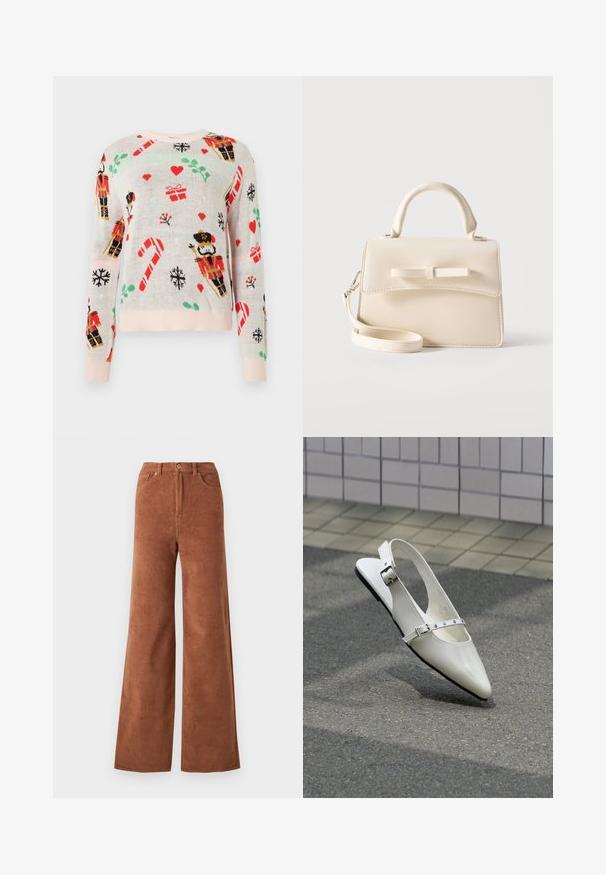 Lys beige sweater med juletema mønstre, herunder nisseknækkere, gaver, slikstænger og hjerter. Ribbet lyserød halsudskæring og mansjetter.; Bredane corduroy bukser i en dyb brun farve, med lodrette ribber, frontlommer og knaplukning i taljen.; Hvid spids slingback flad sko med to sølvspænder, vist udendørs på tekstureret underlag og flisebelagt væg baggrund.; Lille beige håndtaske med top-håndtag, aftagelig rem, forreste klap og dekorativ vandret sløjfe på en ensfarvet baggrund.