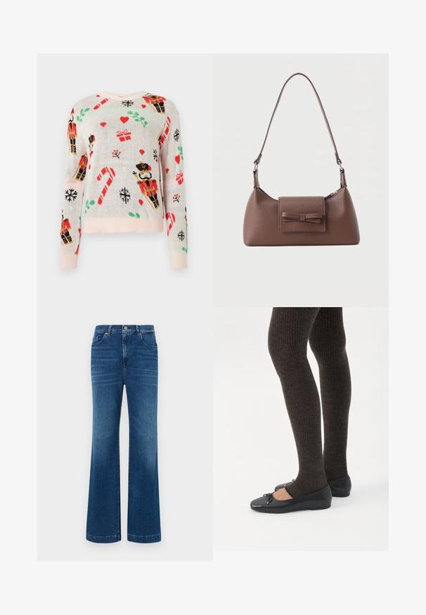 Suéter beige claro con patrones navideños que incluyen cascanueces, regalos, bastones de caramelo y corazones. Cuello y puños acanalados en color rosa.; Jeans de mezclilla azul de pierna ancha con una cintura alta, cinco bolsillos y un cierre de botón clásico. La tela tiene una textura suave y ligeramente deslavada.; Piernas con leggings oscuros acanalados combinados con bailarinas negras que presentan pequeños detalles de lazo sobre un fondo blanco.; Bolso bandolera de cuero marrón con un bolsillo frontal de solapa que presenta un detalle de moño cosido y una correa ajustable.