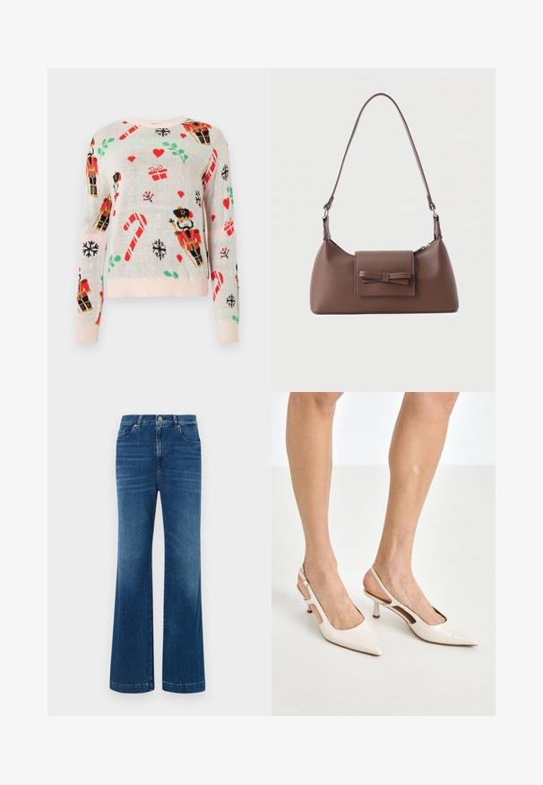 Suéter beige claro con patrones navideños que incluyen cascanueces, regalos, bastones de caramelo y corazones. Cuello y puños acanalados en color rosa.; Jeans de mezclilla azul de pierna ancha con una cintura alta, cinco bolsillos y un cierre de botón clásico. La tela tiene una textura suave y ligeramente deslavada.; Tacones slingback de charol beige con punta afilada y un tacón de 5 cm, con lados recortados y una delgada correa en el tobillo.; Bolso bandolera de cuero marrón con un bolsillo frontal de solapa que presenta un detalle de moño cosido y una correa ajustable.