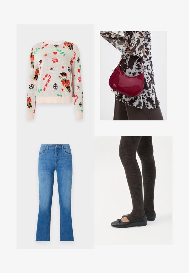 Pull léger beige mettant en avant des motifs de Noël, incluant des soldats de bois, des cadeaux, des cannes en sucre et des cœurs. Col et poignets côtelés de couleur rose.; Jeans en denim bleu avec une jambe évasée, dotés d'une taille mi-haute, de cinq poches et d'une fermeture à bouton argent classique. Texture lisse.; Jambes portant des leggings côtelés foncés associés à des ballerines noires avec de petits détails en nœud sur fond blanc.; Femme portant un chemisier à motif noir et blanc tenant un sac à main rouge brillant sur un fond uni.