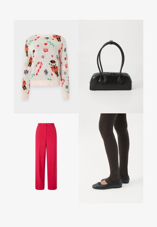 Lys beige sweater med juletema mønstre, herunder nisseknækkere, gaver, slikstænger og hjerter. Ribbet lyserød halsudskæring og mansjetter.; Højtaljede, vide røde bukser med bæltesløjfer og skjult frontlukning på en hvid baggrund.; Ben iført mørke ribbede leggings kombineret med sorte balletsko med små sløjfedetaljer på hvid baggrund.; Sort læder håndtaske med to langstrakte håndtag, lynlåslukning og afrundet form; glat tekstur med en subtil blank finish.