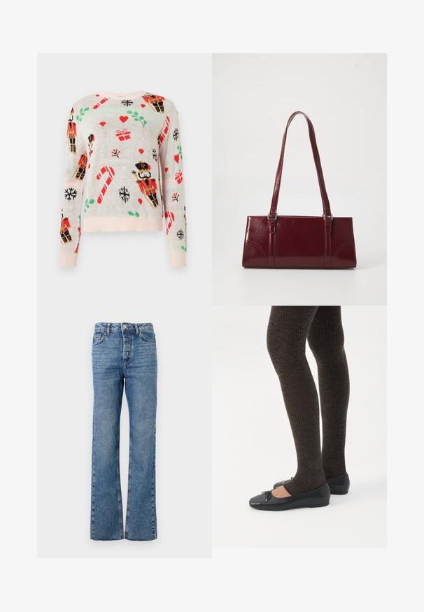 Pull léger beige mettant en avant des motifs de Noël, incluant des soldats de bois, des cadeaux, des cannes en sucre et des cœurs. Col et poignets côtelés de couleur rose.; Jean bleu évasés en denim. Comprend cinq poches, une fermeture à bouton et à glissière, avec un motif décoloré sur les jambes et une coupe droite.; Jambes portant des leggings côtelés foncés associés à des ballerines noires avec de petits détails en nœud sur fond blanc.; Sac à main bordeaux en matériau brillant, de forme rectangulaire, avec deux anses et des accents légèrement courbés à l'avant.