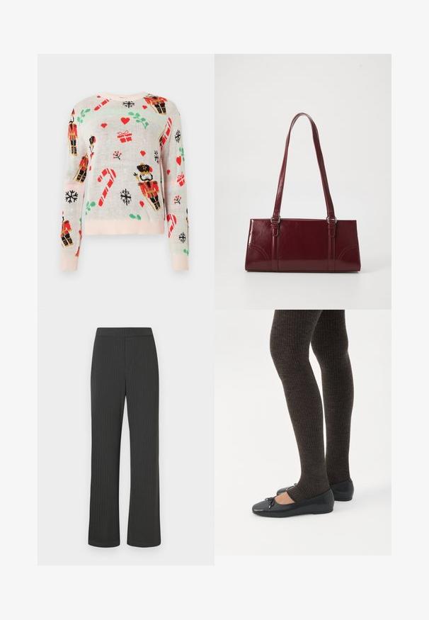 Lys beige sweater med juletema mønstre, herunder nisseknækkere, gaver, slikstænger og hjerter. Ribbet lyserød halsudskæring og mansjetter.; Sorte stribede bukser med lige ben, der har en elastisk talje og et glat, struktureret stof.; Ben iført mørke ribbede leggings kombineret med sorte balletsko med små sløjfedetaljer på hvid baggrund.; Bordeaux håndtaske lavet af glansfuldt materiale, rektangulær form, med to skulderremme og subtile buede detaljer på forsiden.